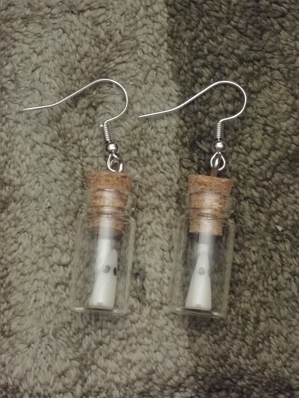 Glass Bottle Ghost Drop Earrings - White and Cork Accent